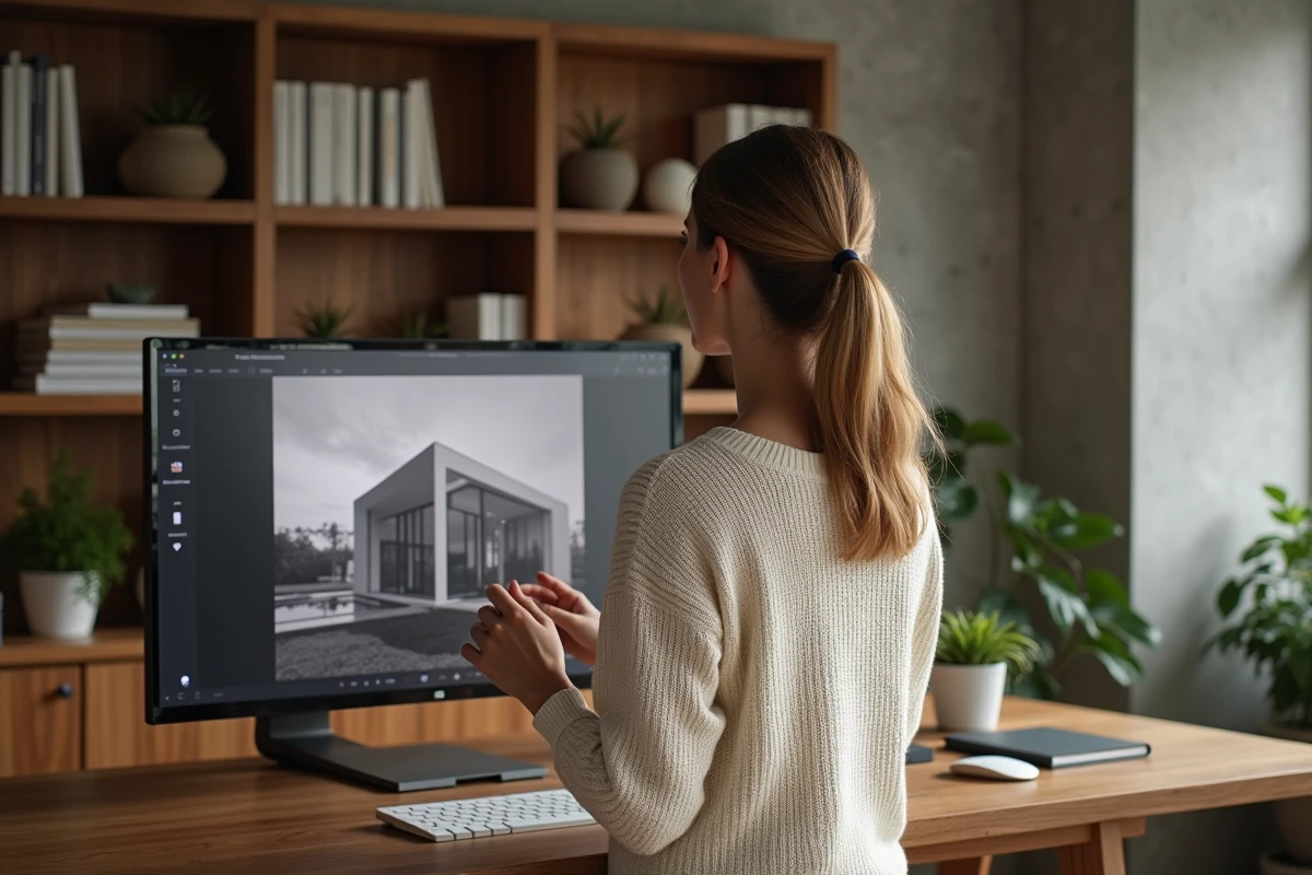 Femme qui installe un écran numérique pour photos dans un bureau à domicile au style contemporain