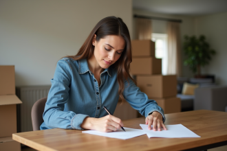 Femme écrivant une lettre de changement d'adresse à la maison