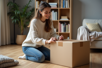 Femme emballant une caisse de déménagement dans un salon chaleureux