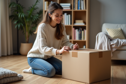 Femme emballant une caisse de déménagement dans un salon chaleureux