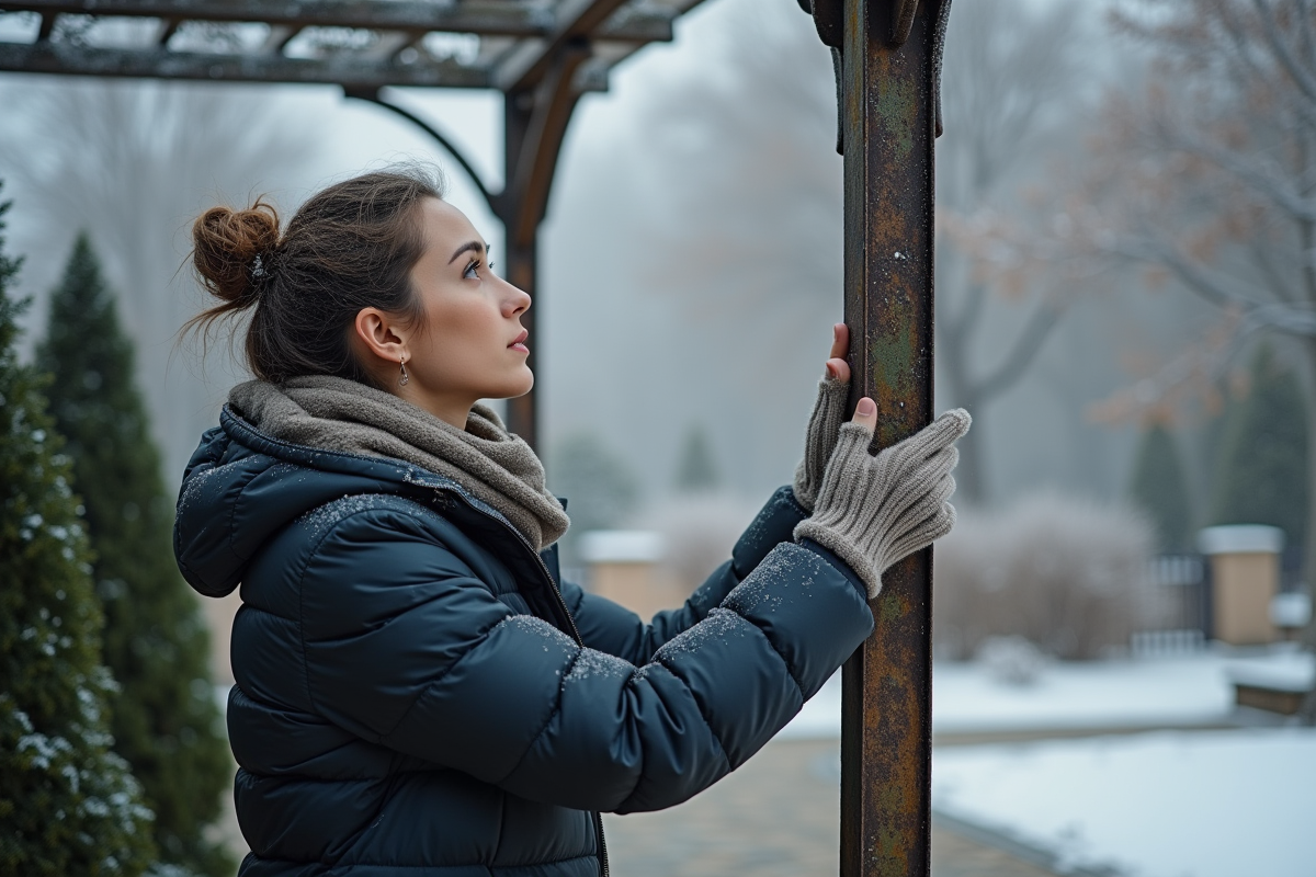 Jeune femme vérifiant les joints en métal de la pergola gelée