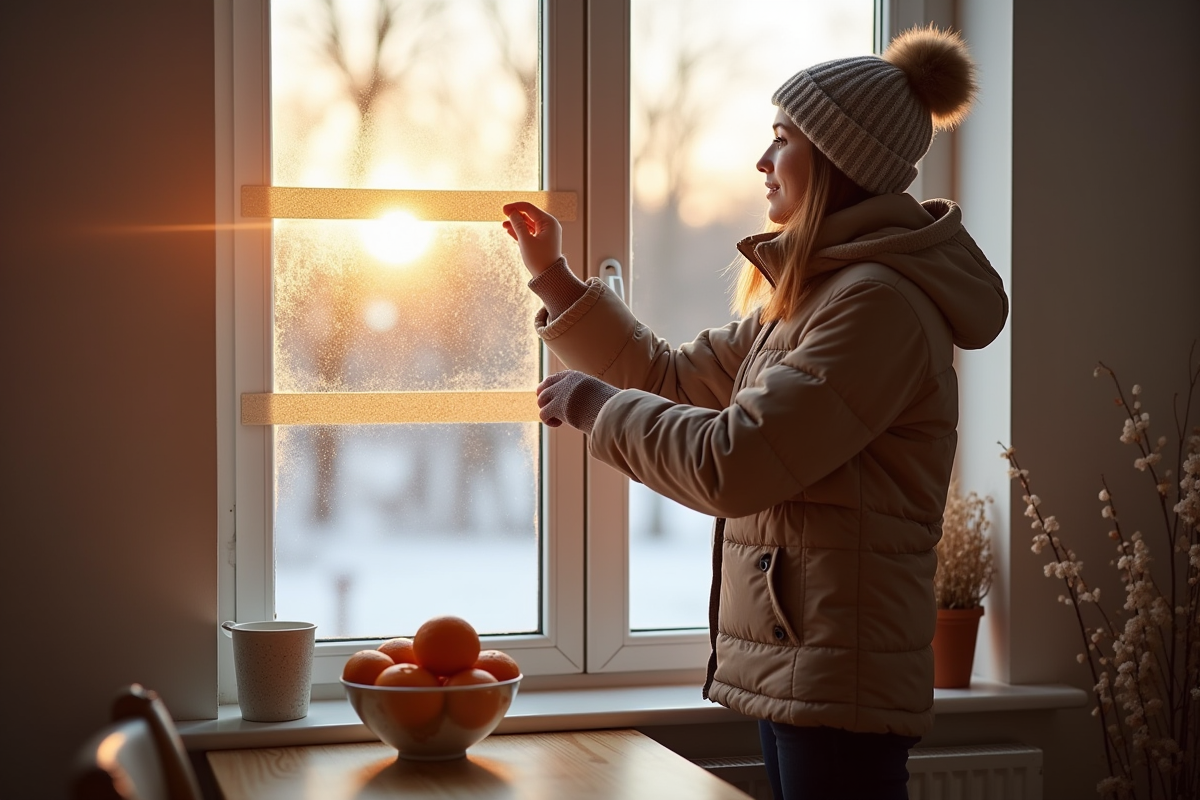 Jeune femme scellant une fenêtre avec du ruban isolant en hiver