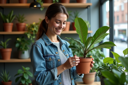 Femme souriante examinant une plante d'intérieur dans une boutique
