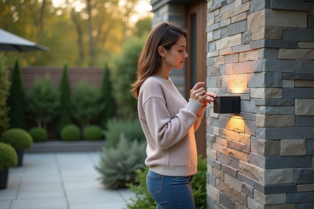 Femme inspectant une lampe extérieure moderne sur façade en pierre