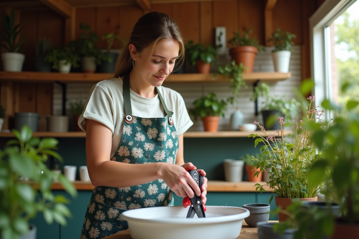 Femme place des sécateurs dans un bassin d