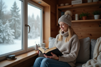Femme assise dans un mobile home cosy avec une tasse de thé