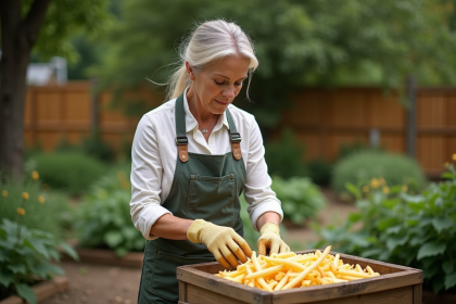 Femme d'âge moyen remuant un composteur dans le jardin
