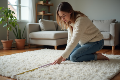 Femme mesurant un tapis moderne dans un salon cosy