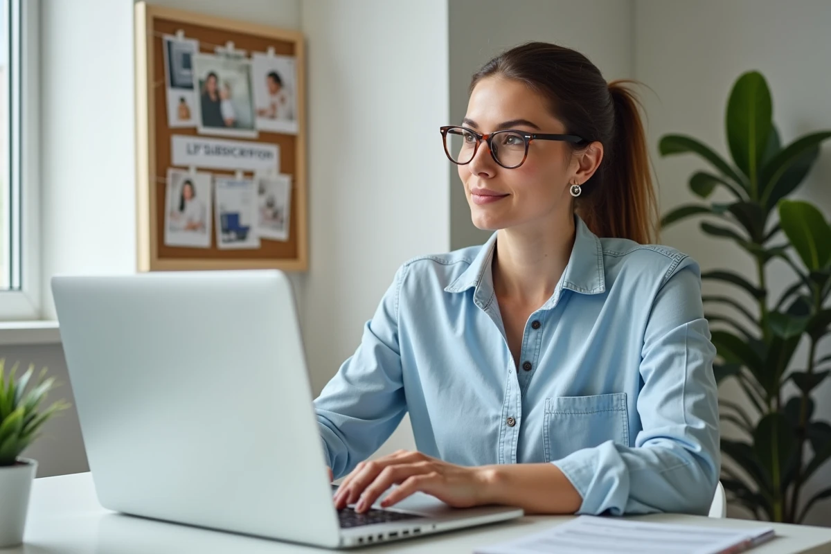 Femme modifiant son abonnement Lemagazinedubricoleur Bricolife en ligne depuis son bureau à domicile