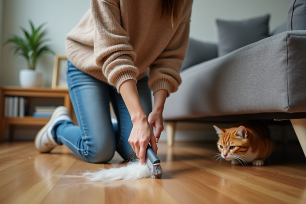 Jeune femme nettoie des poils de chat avec une brosse dans le salon