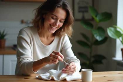 Femme nettoyant un petit objet en argent avec une pâte