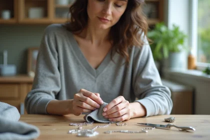 Femme nettoyant une cha&icirc;ne en argent d&eacute;licate &agrave; la maison