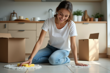 Jeune femme nettoyant le sol de la cuisine avec une éponge