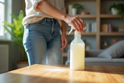 Femme vaporisant un spray naturel sur une table en bois dans un salon lumineux
