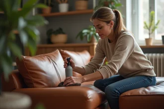 Femme nettoyant un canapé en cuir pleine fleur dans un salon élégant