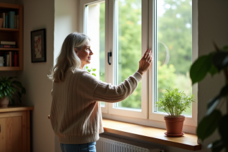 Femme d'âge moyen ouvrant une fenêtre dans un salon cosy