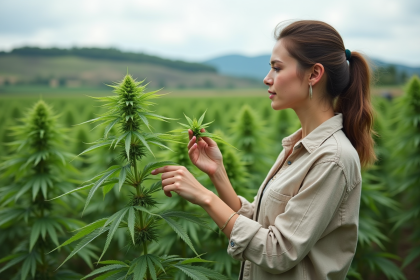 Femme touchant les feuilles de chanvre dans un champ écologique