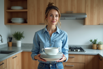 Femme portant des assiettes en porcelaine dans une cuisine lumineuse