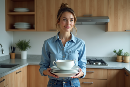 Femme portant des assiettes en porcelaine dans une cuisine lumineuse