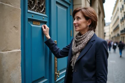 Femme ouvrant une vieille porte bleue dans une rue parisienne