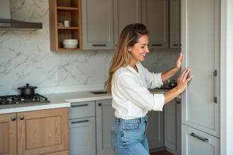 Femme installant portes de cuisine modernes et mat en intérieur