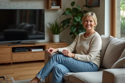 Femme assise dans un salon moderne avec meubles sur mesure