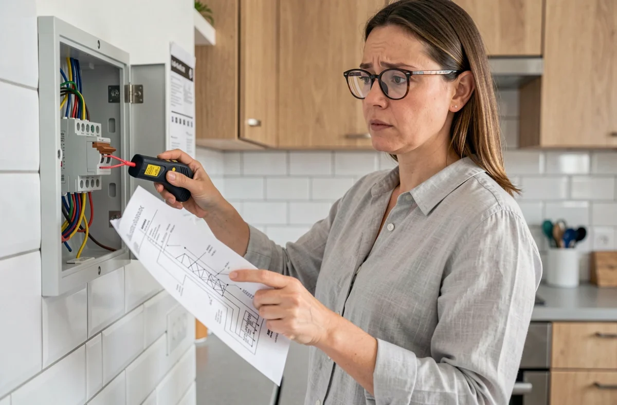 Femme consultant un schéma de câblage devant un va-et-vient Legrand ouvert dans une cuisine rénovée