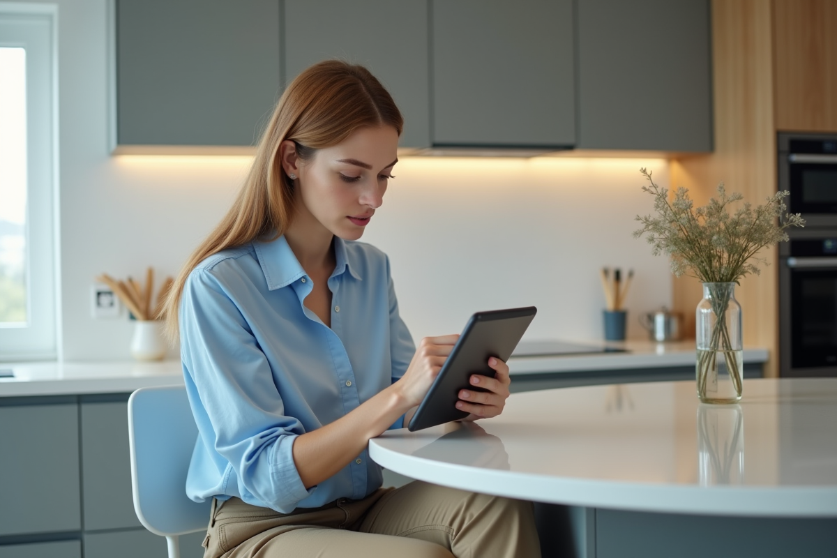 Jeune femme ajustant la maison connectée avec une tablette