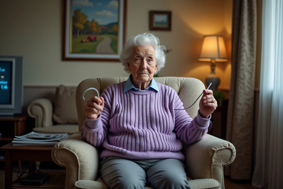 Femme âgée tenant un câble coaxial avec un air inquiet