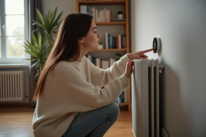Jeune femme ajuste un thermostat digital dans son salon moderne
