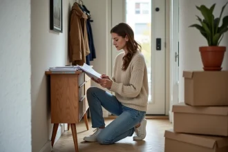 Jeune femme triant du courrier dans un appartement moderne