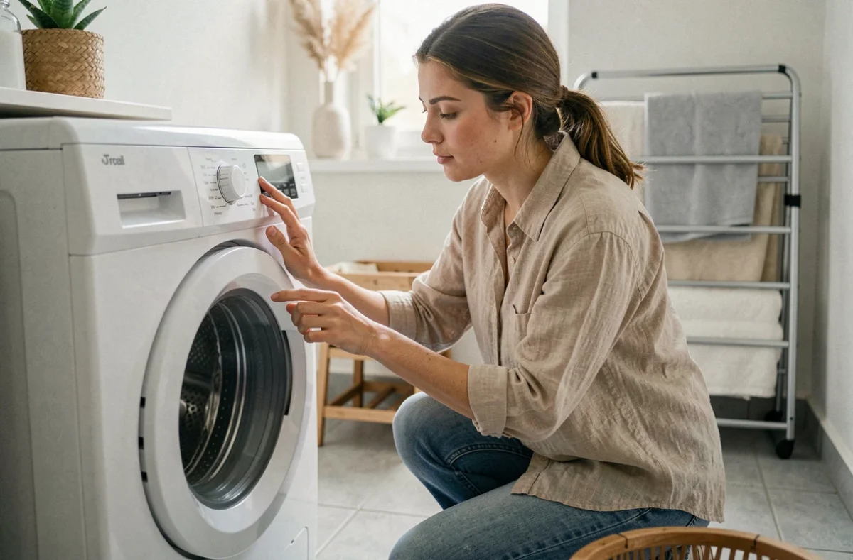 Femme lisant le panneau de contrôle d'un lave-linge Valberg économique dans une salle de bain modeste