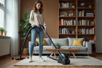 Femme qui aspire dans un appartement moderne et lumineux