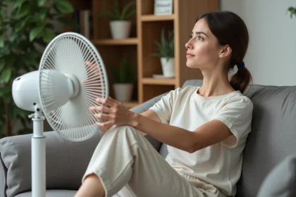 Femme assise ajustant un ventilateur dans un salon cosy