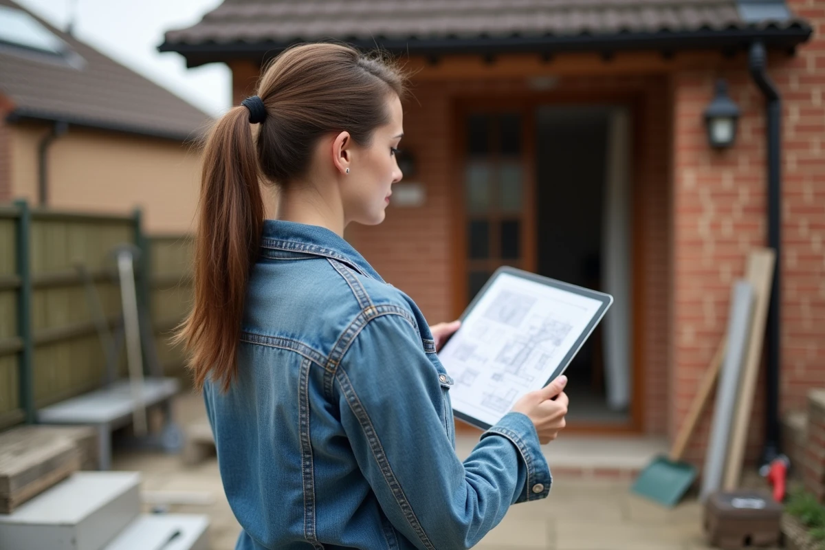 Femme vérifie plans de rénovation devant sa maison extérieure