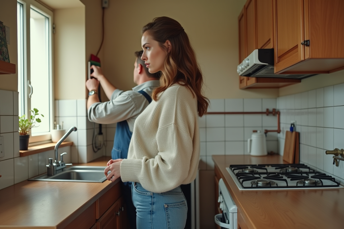 Femme observant un technicien réparant un ancien tableau électrique