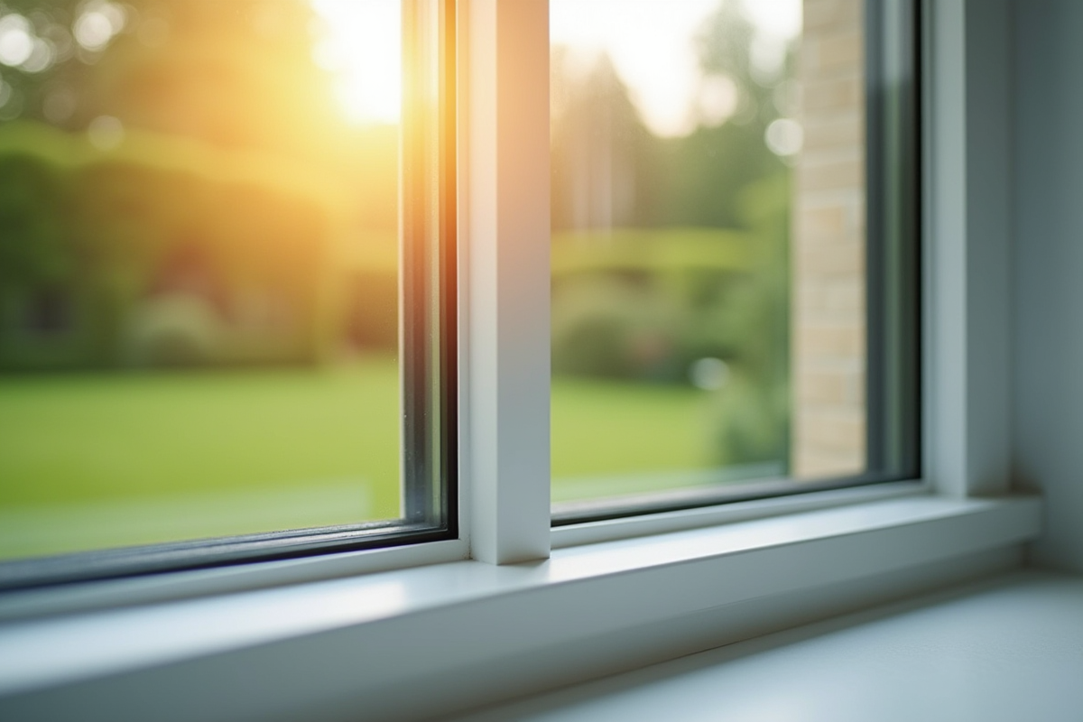 Vue rapprochee d'une fenetre double vitrage moderne avec soleil