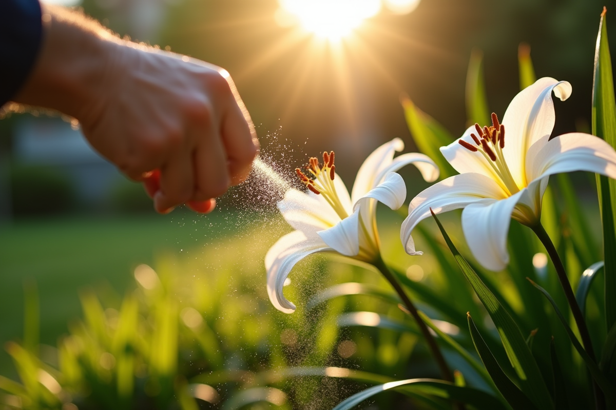 Personne saupoudrant de l'engrais autour d'un lys blanc en fleurs dans le jardin