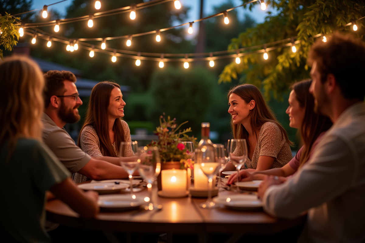Fête dans un jardin en soirée avec amis et lumières