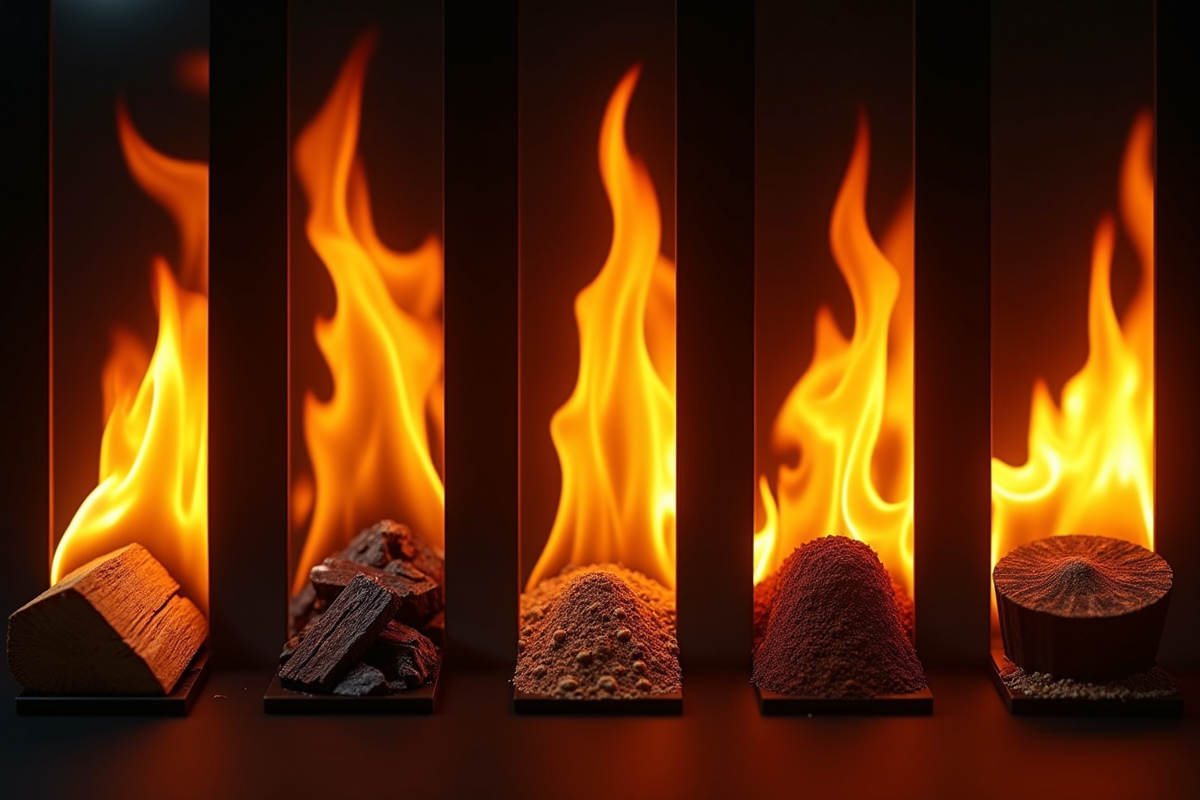 Cinq types de feux avec flammes vives et matériaux variés