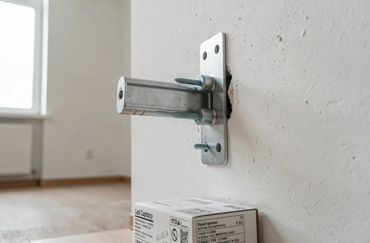 Gros plan sur une fixation murale pour télévision vissée dans un mur en placo avec des chevilles adaptées au poids