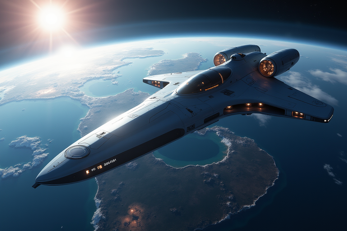 Vaisseau spatial futuriste quittant la Terre vue de l'espace