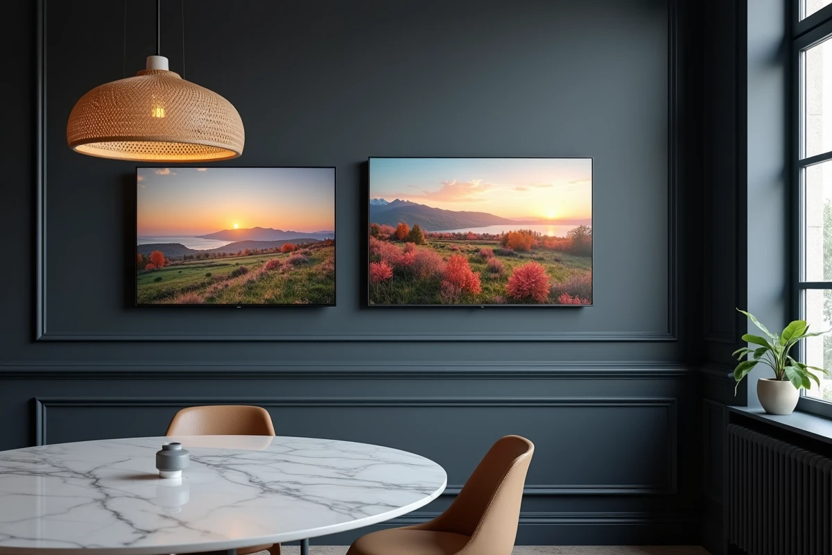 Galerie de cadres numériques design sur mur anthracite dans une salle à manger moderne avec table en marbre
