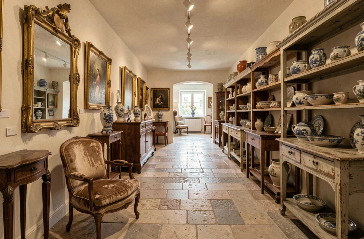 Intérieur de la Galerie Empreintes et Antiquités Freitas avec mobilier baroque, miroir doré et tableaux anciens dans une boutique en pierre