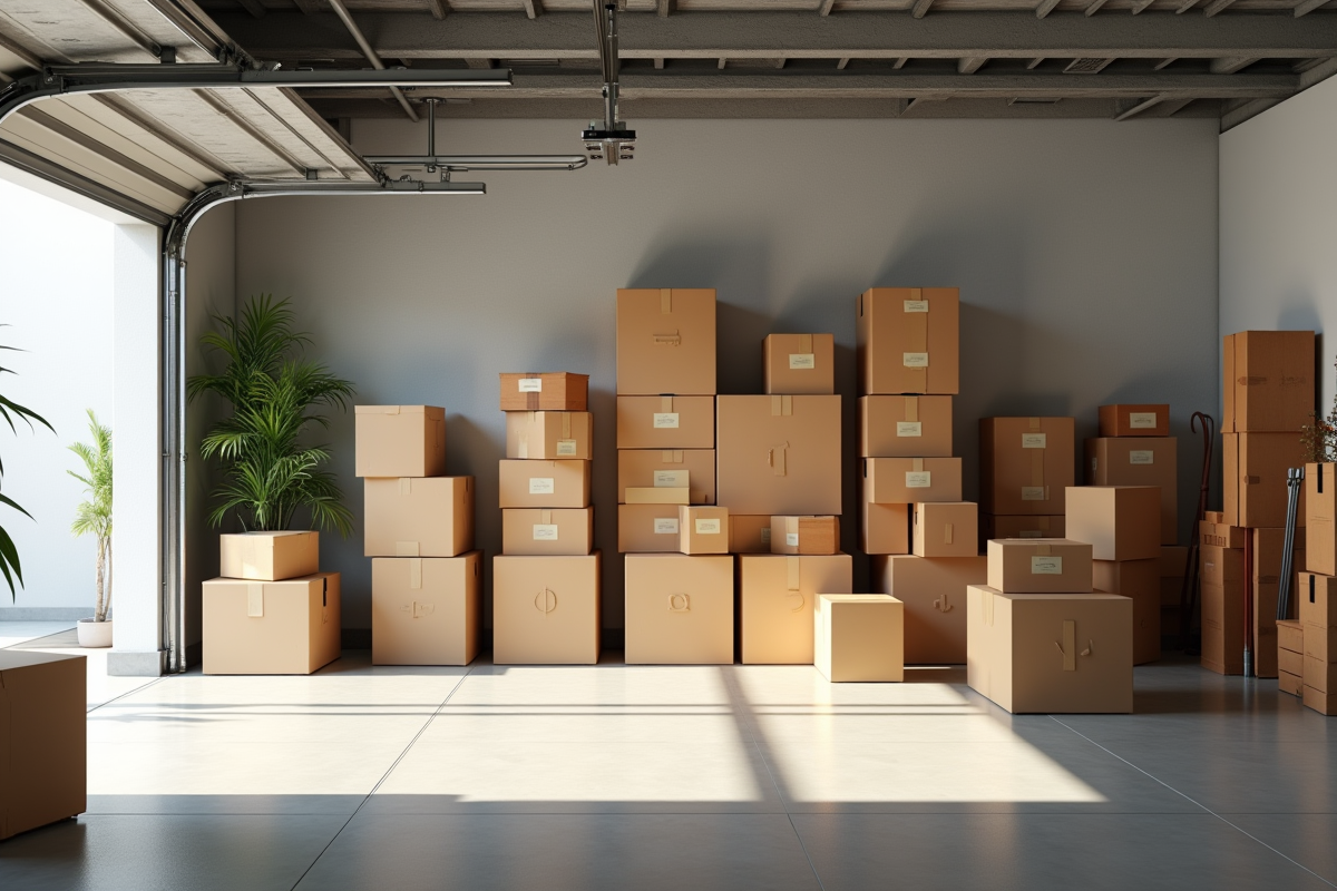 Garage spacieux avec boîtes de déménagement rangées