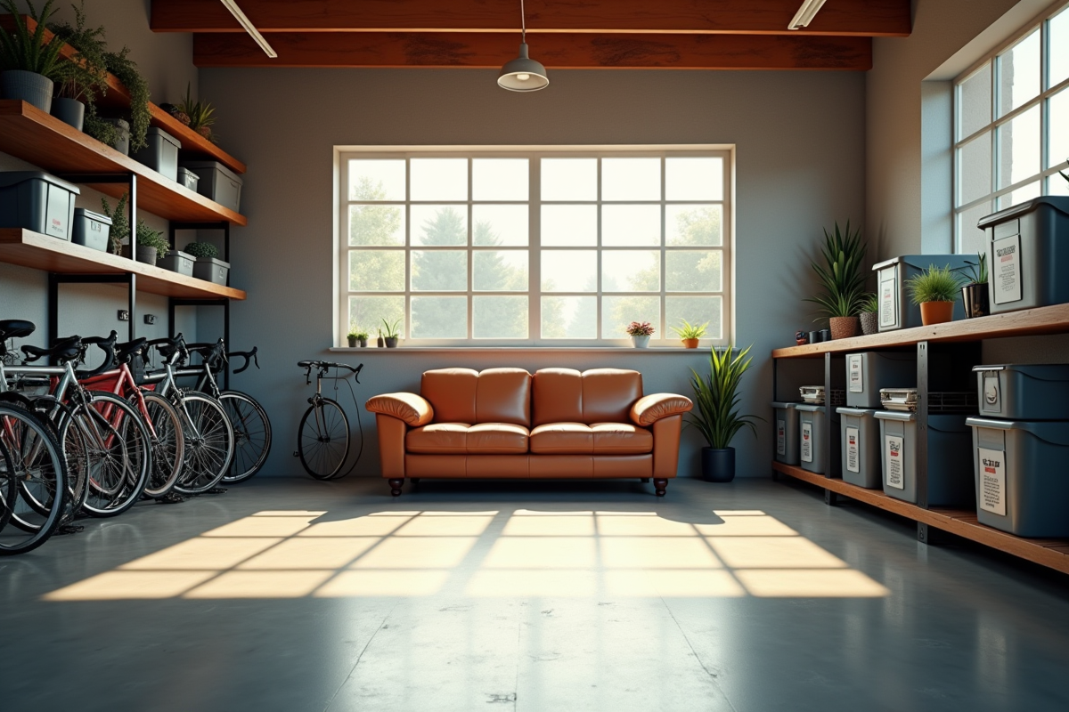 Garage spacieux avec canapé et rangement bien organisé