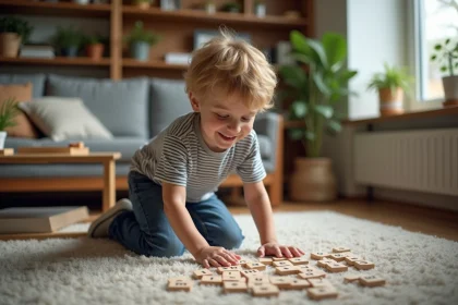 Gar&ccedil;on de 8 ans arrangeant des lettres magn&eacute;tiques dans le salon