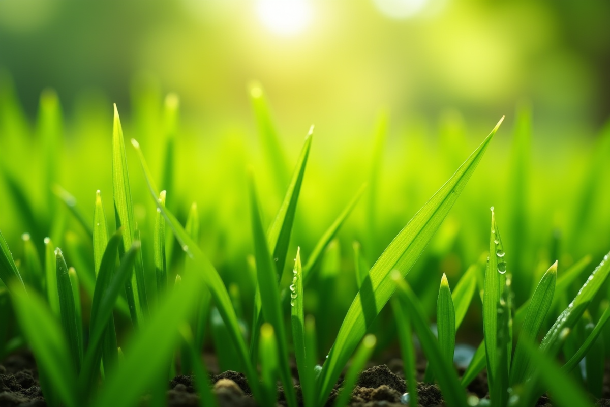 Gazon vert brillant avec rosée et sol riche ensoleillé