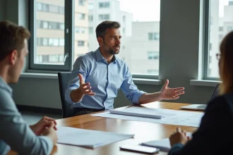 Gestionnaire immobilier en réunion avec plans et échantillons