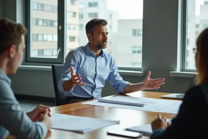 Gestionnaire immobilier en r&eacute;union avec plans et &eacute;chantillons